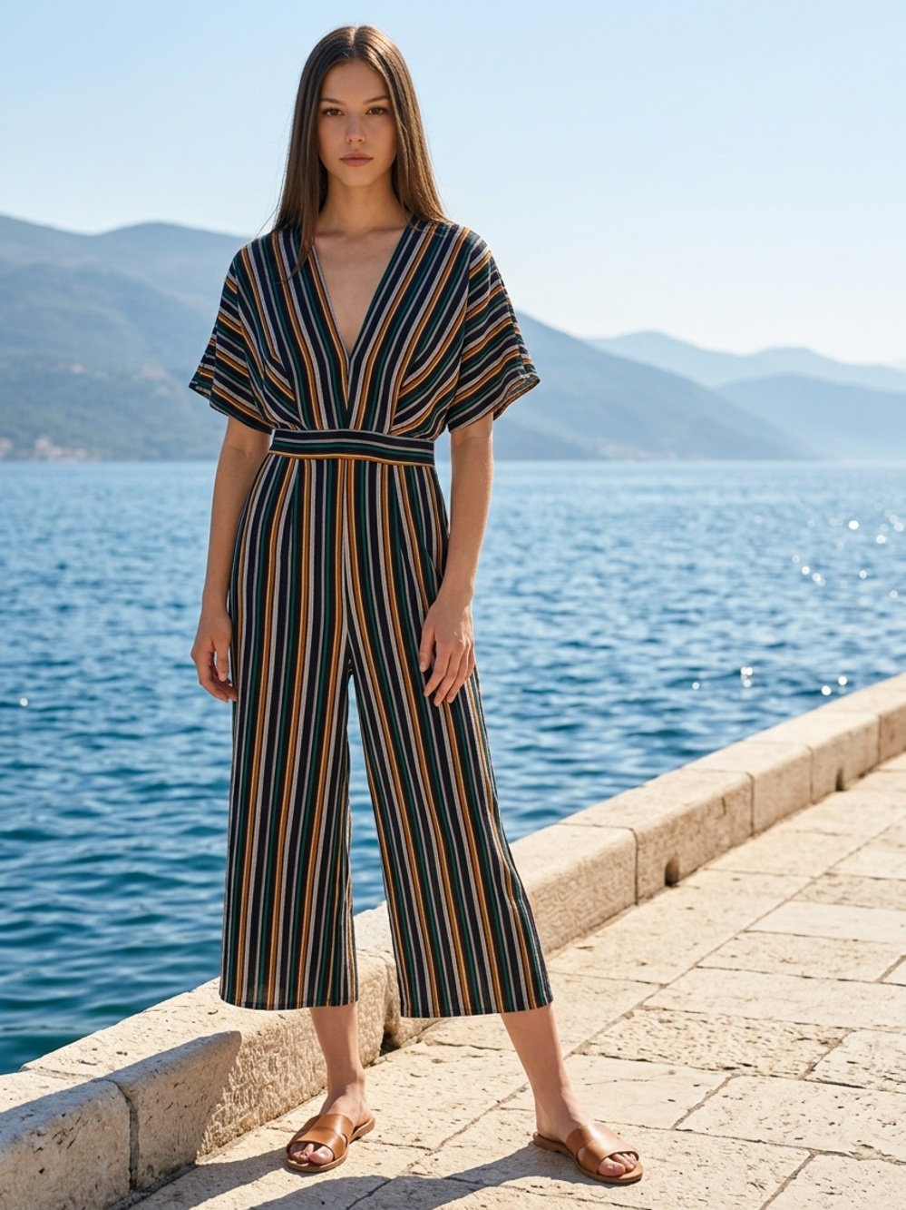Aqua VNeck Stripe Wide Leg Cropped Jumpsuit Size XS